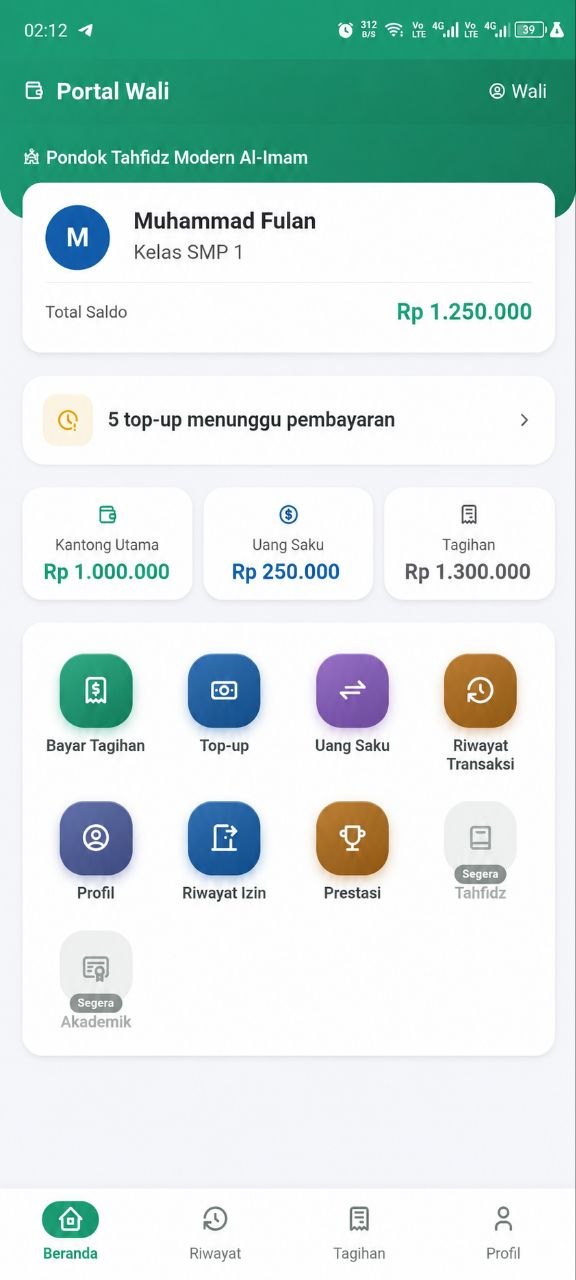Tampilan kartu Kantong Utama dan Uang Saku di beranda